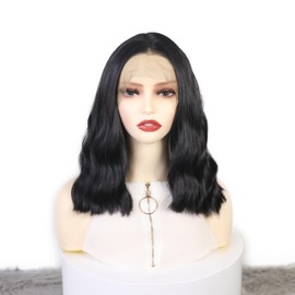 WXHWCX Black Bob Curly Wig Synthetic Lace Front Wig Middle Part Lace Wigs 14Inch Synthetic Hair Wig for Women Cosplay Party Wig