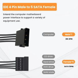 QINJOOELC IDE to SATA Power Splitter Cable - LP4 4 Pin Male to 5 SATA Female Power Extension Hard Drive Cable for HDD, SSD and Optical Drives