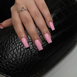 SXVME Black False Nails Long Square, Acrylic Press on Nails Long Medium Coffin, Glossy Gel Fake Nails Press on, Solid Color Square Tip Nails Stick on Nails For Women Daily Wear, 24 Pcs