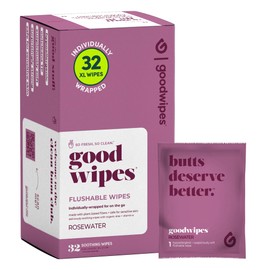 Goodwipes Flushable Wipes – Made with Vitamin E & Aloe – Soft, Individually Wrapped Butt & Feminine Cloths for On-the-Go & Travel Use – Largest Adult Toilet Towelettes – Rosewater, 1 pack, 32 count