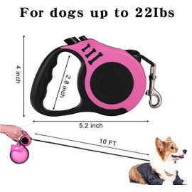 Retractable Dog Leash,Heavy Duty Dog Leash Retractable,Dog Walking Leash for Small Dog or Cat up to 26 lbs,360° Tangle-Free Strong Nylon Tape,Anti-Slip Handle,with Waste Bag Dispenser(10FT Pink)