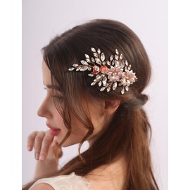 Teyglen Bridal Flower Crystal Hair Clips Hairpins Wedding Gold Leaf Hair Barrette Handmade Leaf Rhinestone Hair Pieces Hair Accessories for Women Bride (Rose Gold)