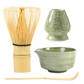 4PCS Matcha Whisk Set,Matcha Bowl with Spout,Matcha Whisk, Ceramic Whisk Holder,Bamboo Matcha Scoop,Perfect Matcha Set for Matcha Tea Ceremony(Mottled Green)