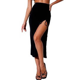 TEERFU Women's Bodycon Midi Skirt Summer Slit Skirt Boho Split Thigh Twist Front Elastic Pencil Ruched Skirt Black