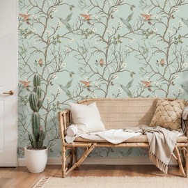 VEELIKE Green Chinoiserie Floral Peel and Stick Wallpaper Vintage Branch Bird Wallpaper for Bathroom Bedroom 17.7''x118'' Prepasted Removable Floral Wall Paper Green Contact Paper for Cabinets Drawers