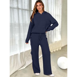 ANRABESS ANRABESS Women's Two Piece Outfits Casual Knit Hooded Sweater Straight Leg Pants Set 2025 Fall Lounge Travel Clothes Navy Blue Large