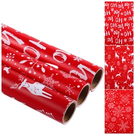 Miss DuiDui Christmas Red Gift Wrapping Paper, 3 Rolls, 17 inch x 9.8 feet, Red with White Reindeer and Snowflake Design for Christmas, Party, Holiday, Girls Kids Boys