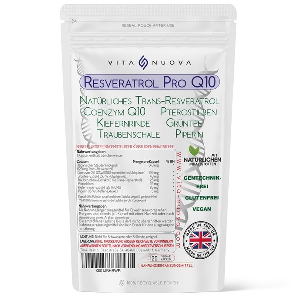 Resveratrol Pro Q10 Anti-Aging Formula - Trans-Resveratrol, Coenzyme Q10, Pterostilben, Pine Bark, Green Tea, Grape Skin, Piperine - Split Dosage (120 Capsules - Bag)