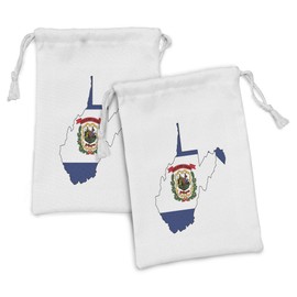 Lunarable West Virginia Fabric Pouch Set of 2, Map and Flag of Mountain State Wreath of Rhododendron Seal, Small Drawstring Bag for Toiletries Masks and Favors, 9" x 6", Night Blue White