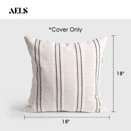 AELS 18x18 Decorative Farmhouse Linen Throw Pillow Covers, Boho Textured Pillow Case, Set of 2, Beige with White & Black Stitch Yarn Dyed Stripe Cushion Cover for Sofa Couch Living Room (Cover ONLY)
