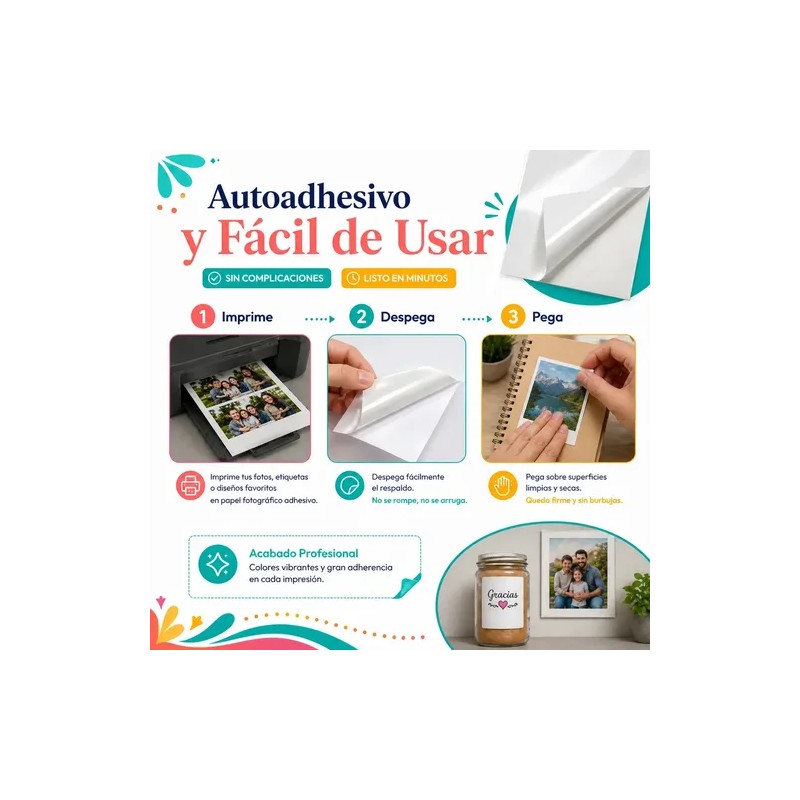50 Hojas De Papel Fotográfico Autoadhesivo A4, 135g, Blanco