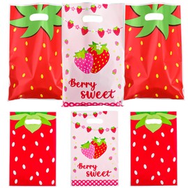 30pcs Plastic Strawberry Party Favor Bags - Practical Goodie Bags Favors with Candy Snack Goodie Storage, Party Gift Bag for Kids Birthday, Wedding, Baby Shower, Strawberry Theme Parties (6.4x10 Inch)