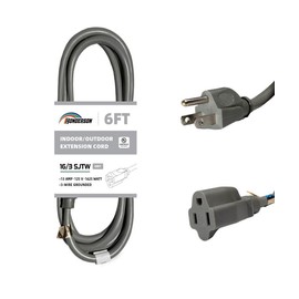 HONDERSON Indoor Outdoor Extension Cord Weatherproof, UL Listed, 16 Gauge 6FT Grey 3 Prong Heavy Duty, 16/3 SJTW 13A Power Cord for Outdoor Lights, Appliances, Lawn