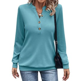 EADINVE Womens V Neck Long Sleeve Sweatshirts Half Button Lightweight Pullover Fashion Fall Clothes Teal