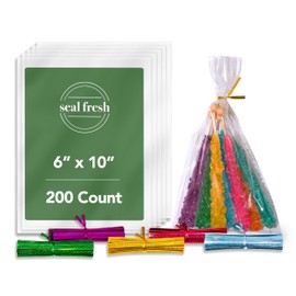 Seal Fresh Cellophane Treat Bags With 4" Holographic Laser Twist Ties (5 Colors) – 6" x 10" (200 Count) – Clear Cellophane Bags, Cellophane Gift Bags, Party Favor Bags, Cookie Bags for Packaging, Candy