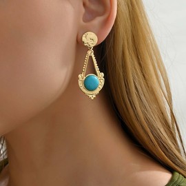 Vacaonio Vintage Ethnic Turquoise Dangle Earrings Blue Stone Earrings Tribal Turquoise Earrings Tribal Totem Drop Earrings Gold Turquoise Tibetan Earrings Jewelry for Women