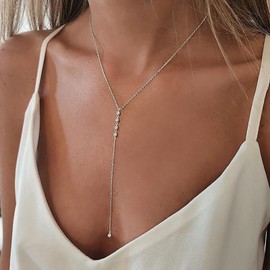 TseenYi Long Diamond Y Drop Necklace Cubic Zirconia Lariat Necklace Silver Crystal Y Lariat Necklace CZ Chain Lariat Necklace Rhinestone Y Shape Necklace Jewelry for Women and Girls