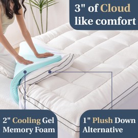 Bivetly Dual Layer 3 Inch Memory Foam Mattress Topper Queen Size, 2 Inch Cooling Gel Memory Foam Plus 1 Inch Plush Down Alternative Pillow Top Mattress Pad, Soft Elasticized Cover with 18" Deep Pocket