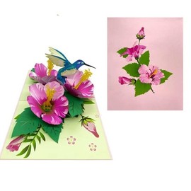 3D Hibiscus and Hummingbird Pop Up Greeting Card for Birthday, Just Because, Thinking of You, Retirement, Get Well, Congratulations, Any Occasions, F15