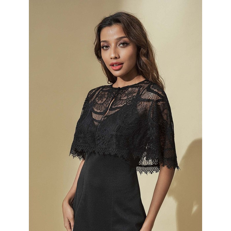Unicra Evening Lace Dress Cape Wedding Bolero Jacket Shrugs Black