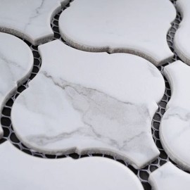 3 Inch Arabesque Pattern Glazed Porcelain Mosaic Wall Floor Tile with Carrara White Grey Marble Look for Flooring, Kitchen Backsplash, Bathroom Shower (1)