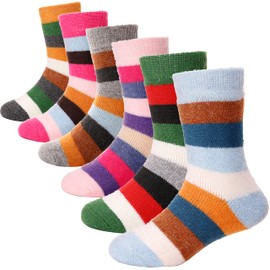 ANTSANG Kids Merino Wool Hiking Socks Toddlers Boys Girls Winter Warm Thick Thermal Crew Boot Heavy Cozy Snow Cabin Gift Snowboarding Socks 6 Pairs for Childs(Color Stripe,8-12Y)