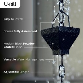 U-nitt Rain Chains for Gutters | Rainwater Catcher & Diverter | 8.5 FT Metal Black Rain Chain | Powder Coated w/Textured Square Cups | Roof Gutter Chain Downspout | DIY Rain Chain Installation Kit