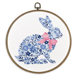 MAQIKA Chinoiserie Bunny Easter Framed Wall Art Decor, Coquette Rabbit Round Wall Hanging Decor, Blue and White Bunny Wall Decor, Grandmillennial Floral Rabbit Canvas Prints Wall Art for Home, 10x10