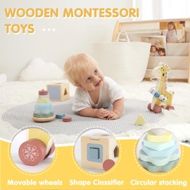 FReniland Montessori Toys for 1 Year Old，3-in-1 Wooden Baby Toys，Wooden Stacking Toy，Toddler Shape Sorting Cube, Giraffe Ring Toy