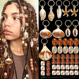 VENOFEN 50PCS Shell Hair Jewelry for Braids Acrylic Starfish Loc Dreadlock Charms Tansparent Brown White Braid Beads Large Size Hair Tube Bead for Women
