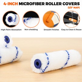 PinStone 4 Inch Microfiber Paint Roller Covers, 1/3" Nap, 60 Pack, Use with All Paints and Stains, Small Paint Roller Naps, Mini Rollers for Walls, House Painting Supplies