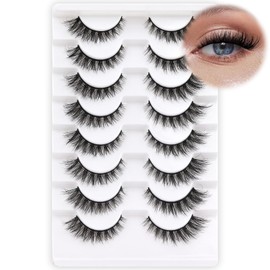 Fyonas Cat Eye Lashes Wispy False Eyelashes 5-14mm Short Fake Lashes Natural Look D Curl Strip Lashes 8 Pairs Soft Fluffy Lashes Pack (C01)