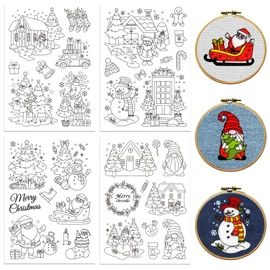 GLOBLELAND 4 Sheets Christmas Snowman Santa Claus Tree Water Soluble Hand Sewing Stabilizers for Fabric Embroidery Stitch Practice Wash Away Embroidery Stabilizers Stickers for Embroidery