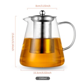 Cosetoor Glass Teapot Tea Kettle -with Stainless Steel Removable Infuser Strainer for Blooming Tea & Loose Leaf Tea, Microwave & Stovetop Safe, Clear Color Party Tea Pot Tea Marker (50.73oz/1500ml)