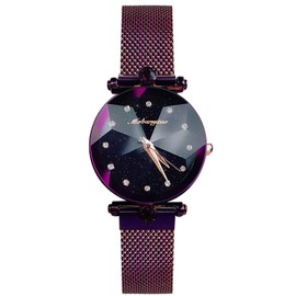 Rorios Women's / Ladies Fashion Analogue Quartz Watch, Mesh Wristband Magnetic Strap, Simulated Starlit Sky, Diamond Dial Wristwatch, purple