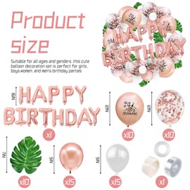 Birthday Party Decorations, 64pcs rose gold balloons with 3D Foil Happy Birthday Banner Balloons,10pcs gold leaves,Confetti Metallic Balloons for Kids Boys Men Women Adults Ecofriendly Party Supplies