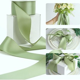 Sage Green Satin Ribbon - 50mm Wide - 3 Meters - Many Colours - Buy 3 & Get 1 Free for Gifts Wrap, Sew, Party, Decorations, Events, Dress, Crafts, Bows, Car, Floral More