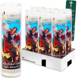 6 Pack Saint Michael The Archangel White Religious Candles - Bundle of 8" Glass Devotional Candles for Vigils, Prayers, Blessing Ceremonies, More