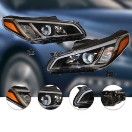 MOCHAG Halogen Headlight Set Assembly Compatible with Hyundai Sonata 2015 2016 2017, Driver & Passenger Side Projector Headlight with Bulb, Black Housing Clear Lens, Front Head Light Lamp Replacement