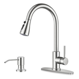 Homikit Kitchen Faucets with Pull Down Sprayer & Soap Dispenser, Brushed Nickel High Arc Stainless Steel Single Handle Kitchen Sink Faucet with Deck Plate for Farmhouse Utility Camper Laundry Rv