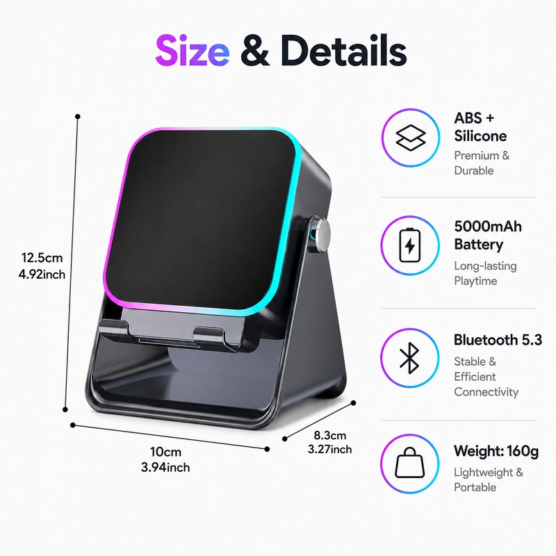 Foldable Phone Stand with Induction Speaker & Light – 5000mAh
