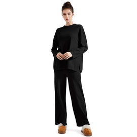 SUUKSESS Women Lounge Sets 2 Piece Pajamas Sets Long Sleeve Tops Wide Leg Pants(Black, M)