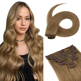 Benehair Clip in Hair Extensions Real Human Hair Light Brown Hair Extensions Clip in Human Hair 20inch Long Straight Remy Natural Full Head 8pcs Real Hair Extensions for Women #6 Light Brown