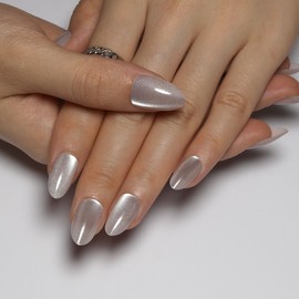 Almond Press On Nails, Cat Eye Press on Nails with Glue for Women, Ashionable Gel False Nails, Reusable Acrylic False Nails, Women's Glitter Nails Glue On Nails Kit, Nude Beige