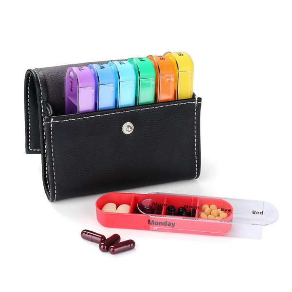 Pill Box 7 Days 28 Compartments Tablet Box with Leather Case Pill Box Portable Pill Box Travel Medicine Storage 4 Compartments per Day Medication Box for Travel Medication Dispenser Braces Box