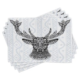 Ambesonne Deer Place Mats Set of 4, Aboriginal Floral Polynesian Deer Pattern Mammal Boho Design, Washable Fabric Placemats for Dining Room Kitchen Table Decor, Black White