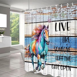 QWRSMYX Horse Shower Curtain Farm Animal Inspirational Quote Motivational Word Rustic Farmhouse Colorful Vintage Barn Door Wooden Plank Polyester Fabric Bathroom Set with Hooks 70Wx70H Inch