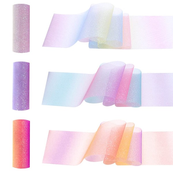 Belvanr Rainbow Glitter Tulle Roll 3 Rolls of Tulle, Rainbow Gradient Glitter Tulle, Spool of Glitter Tulle Fabric, Rainbow Tulle Roll (15 cm x 9 m)