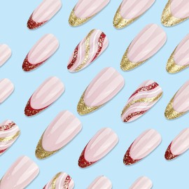 RIICFDD Christmas Press on Nails Medium Length Fake Nails Almond False Nails Red White Gold Curve Glue on Nails French Tip Nails Full Cover Glitter Stick on Nails for Women Girls Nail Art 24 Pcs