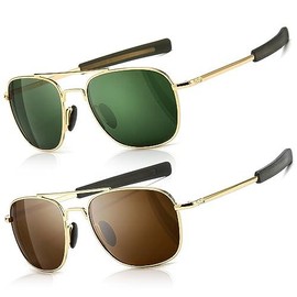 SUNGAIT 2 pack Men's Military Style Polarized Pilot Aviator Sunglasses Bayonet Temples for various Outdoor Activities - Color: Gold/Dark Green + Gold/Brown